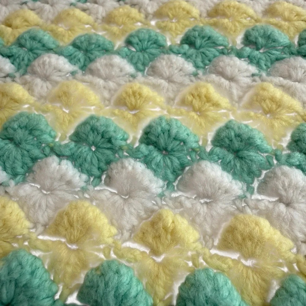 New Afghan Handmade Crochet Baby Blanket Green Yellow Boy Girl 30”x51” Swaddle